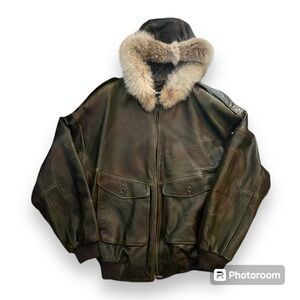 Pelle Pelle Leather Jacket Fur Hood, Brown/green tint, Fits Like 2XL, Bomber
